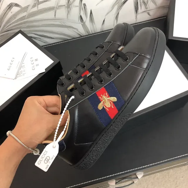 Gucci Ace Black Leather Web Stripe Bee Lifestyle Sneakers 6