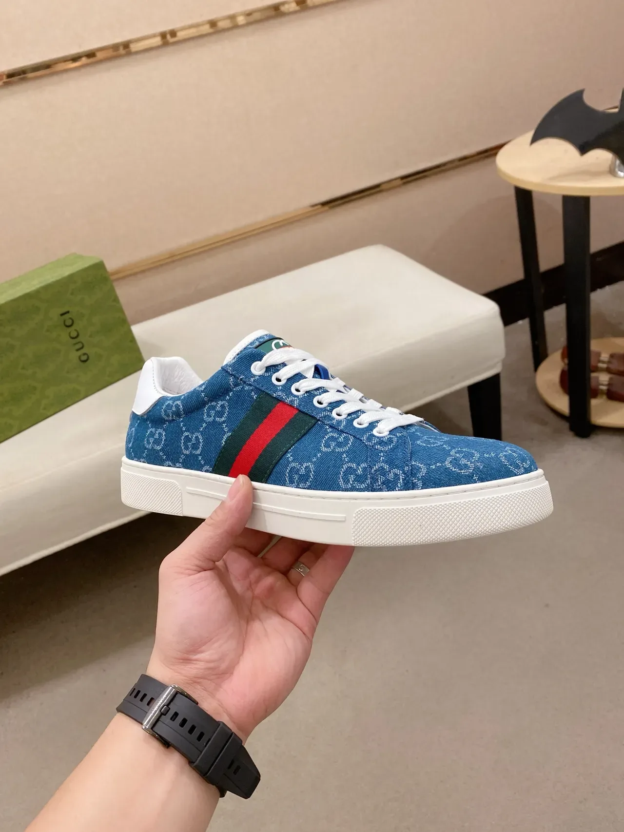 Gucci Ace Blue GG Monogram Denim Web Stripe Lifestyle Sneakers 4