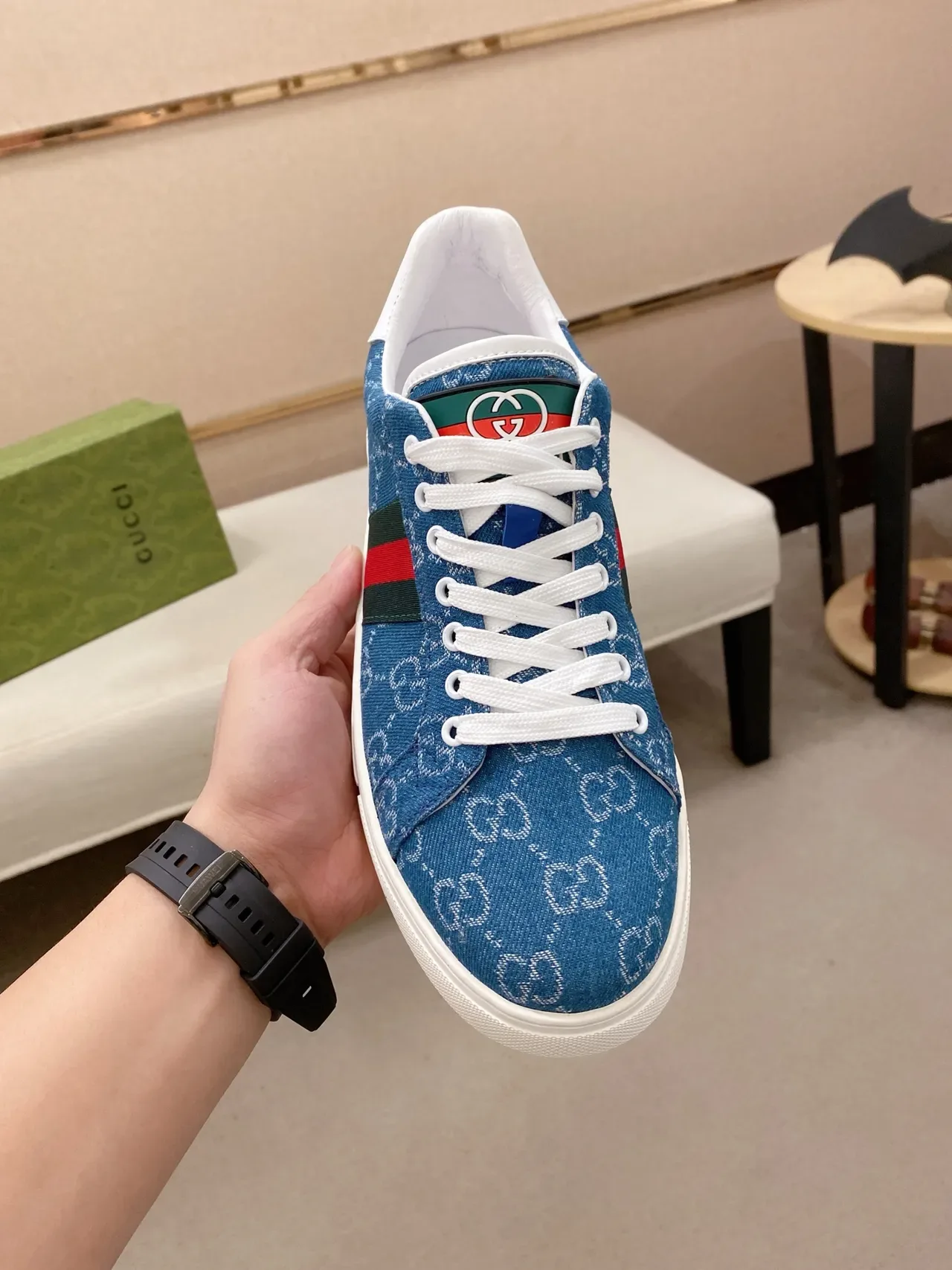 Gucci Ace Blue GG Monogram Denim Web Stripe Lifestyle Sneakers 5