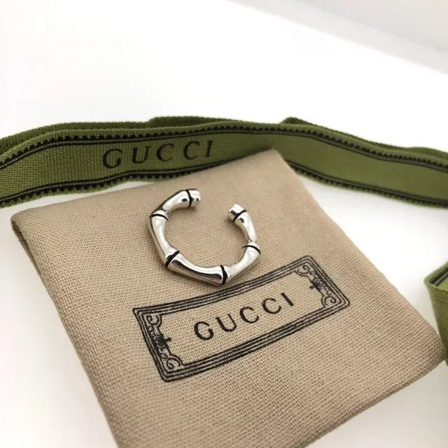 Gucci Bamboo Silver Army Green Motif Open Adjustable Band Ring 2