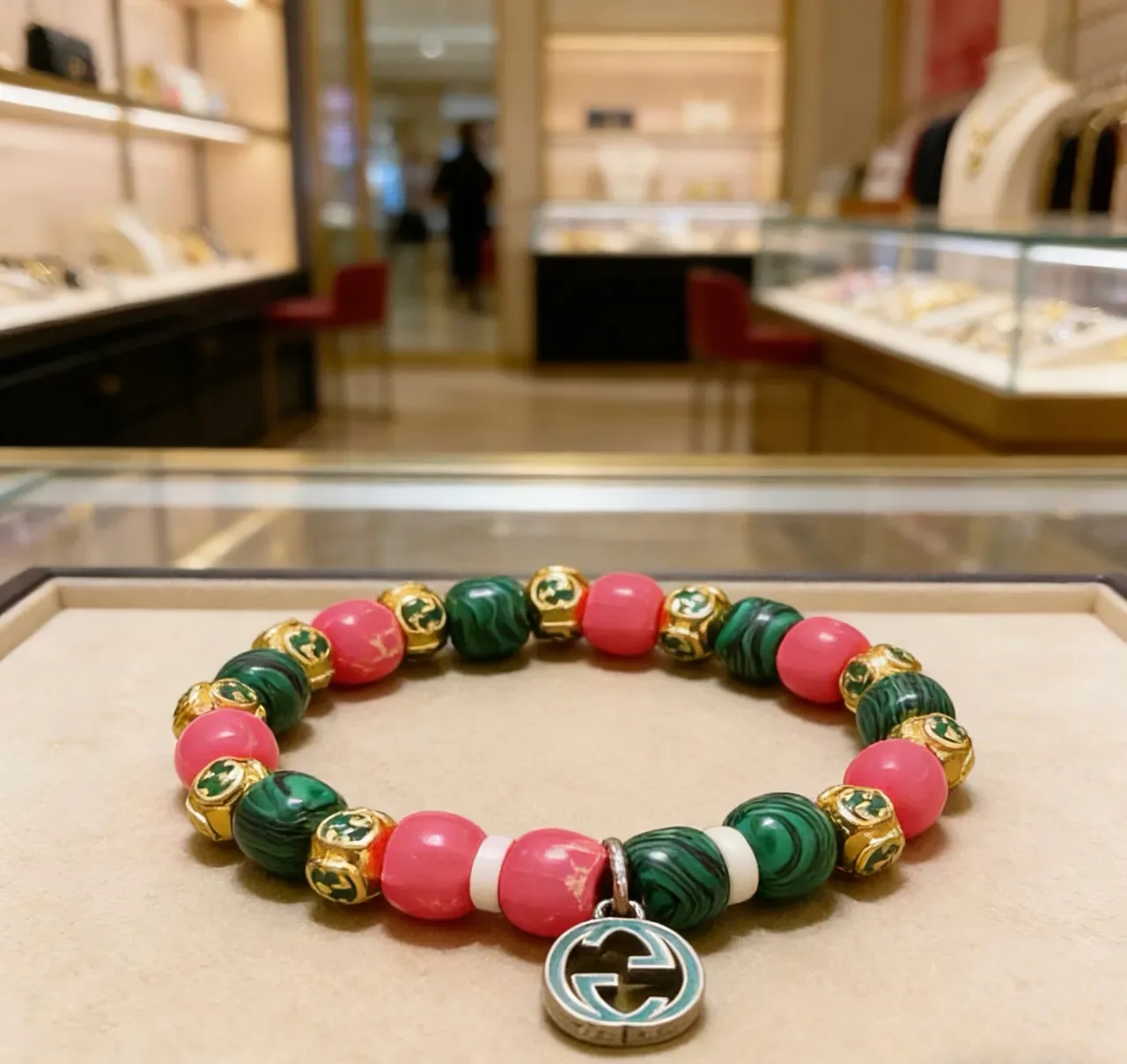 Bracelete Gucci Perlada de Malachita e Pedras Rosadas Interlocking G Charm 2
