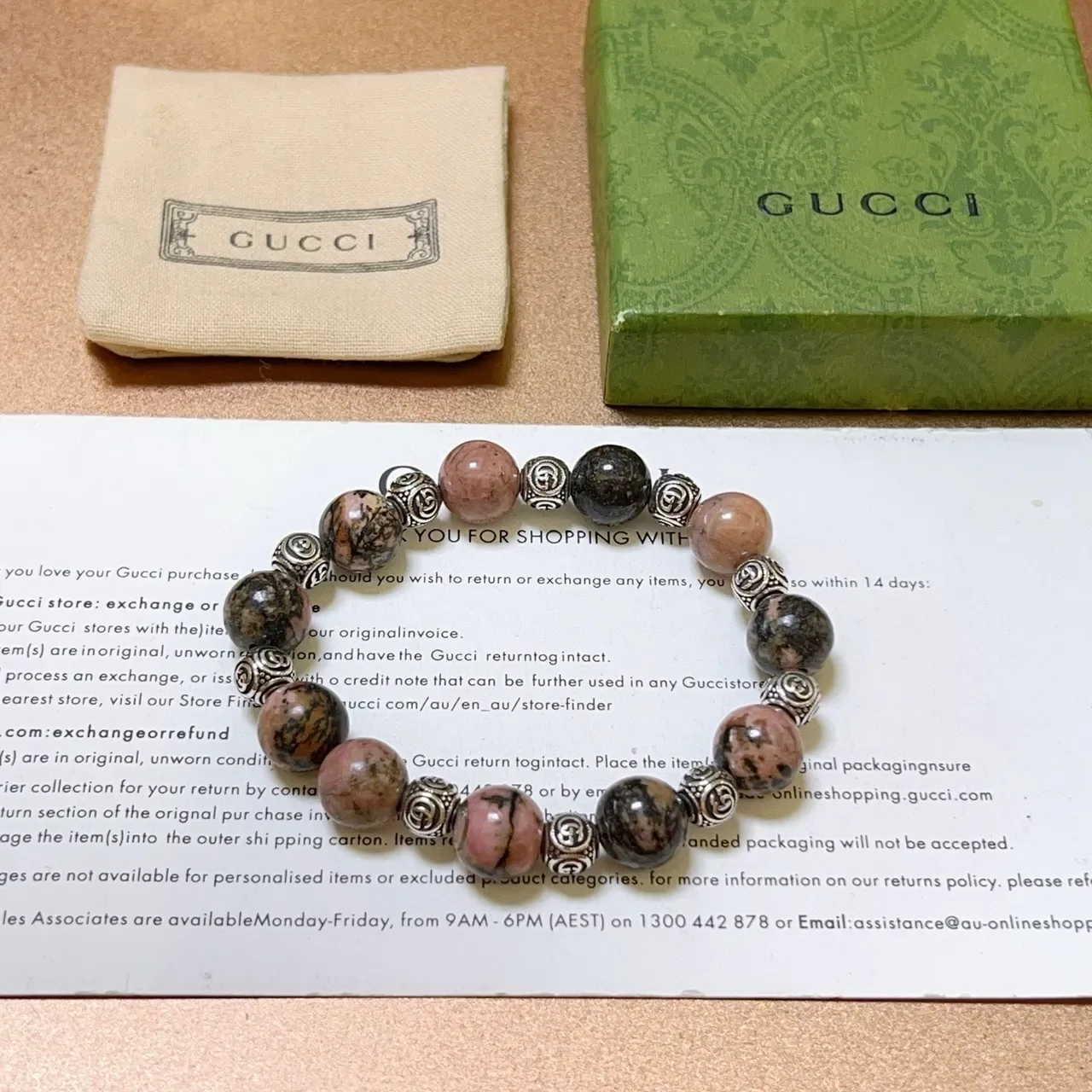 Gucci Beaded Marbled Stone and Silver-Tone Stretch Bracelet 7