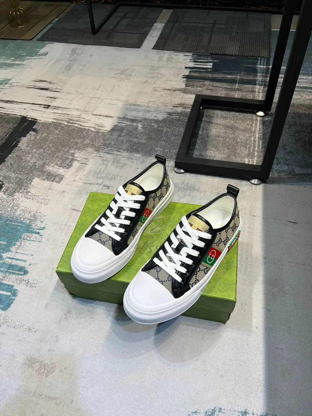 Gucci Beige Black GG Monogram Canvas Web Stripe Accent Lifestyle Sneakers 4