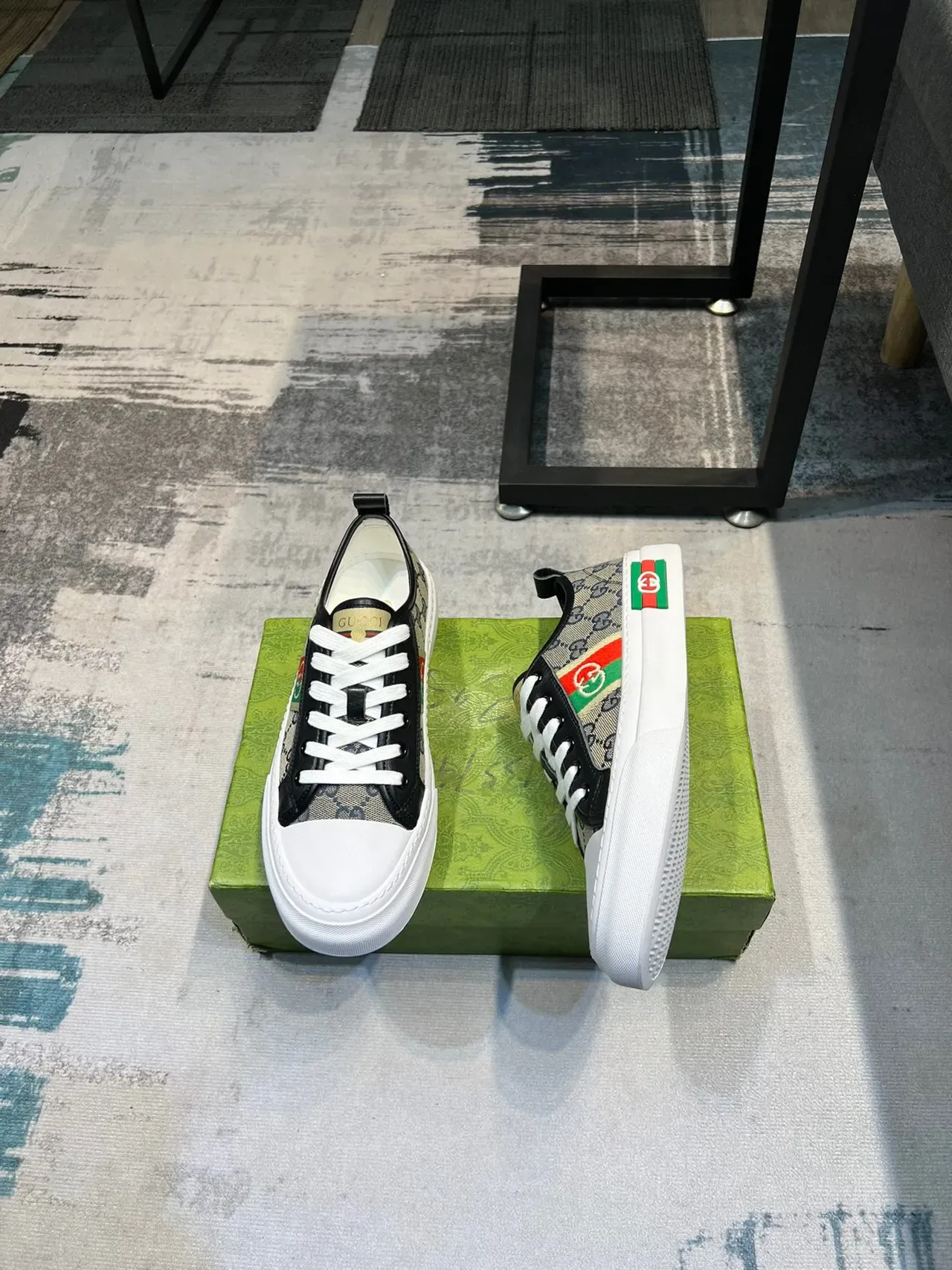 Gucci Beige Black GG Monogram Canvas Web Stripe Accent Lifestyle Sneakers 5