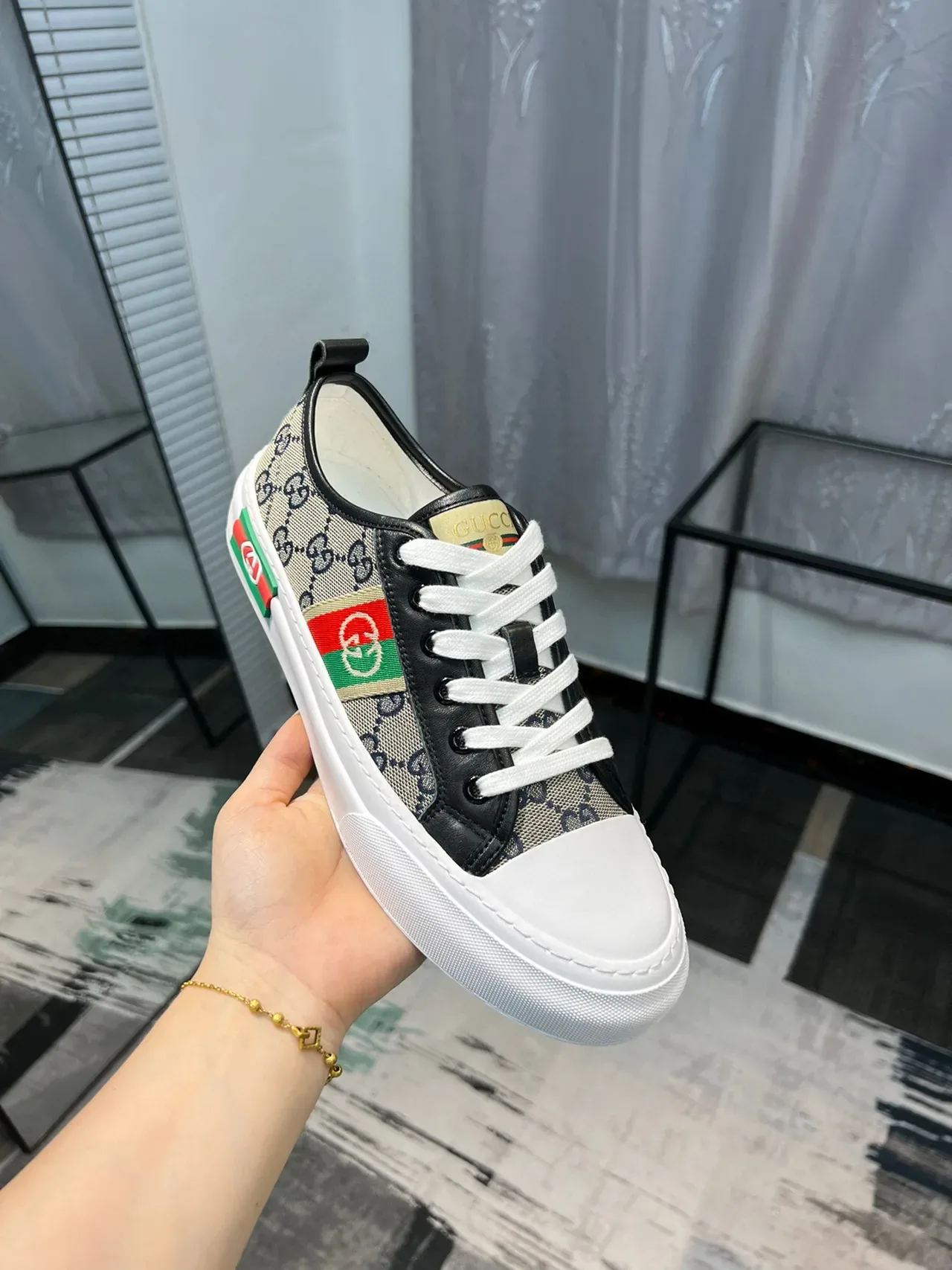 Gucci Beige Black GG Monogram Canvas Web Stripe Accent Lifestyle Sneakers 6