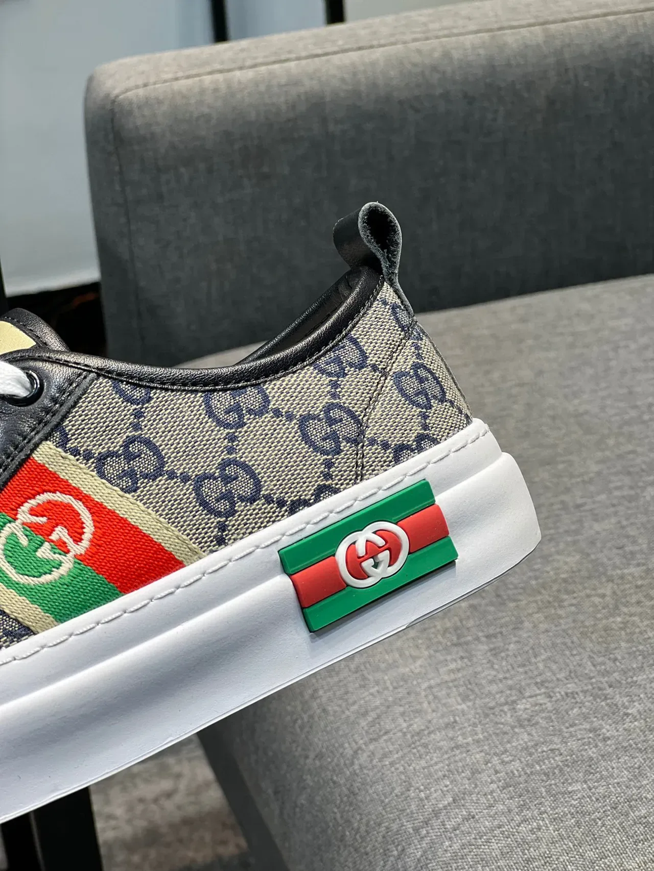 Gucci Beige Black GG Monogram Canvas Web Stripe Accent Lifestyle Sneakers 8