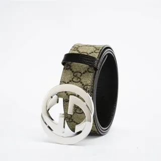 Gucci बेज काला interlocking G बकल GG मोनोग्राम कैनवास चमड़ा बेल्ट