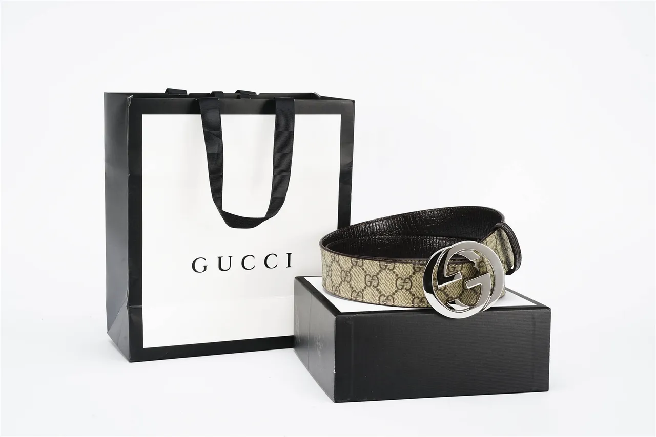 Gucci Beige Black Interlocking G Buckle GG Monogram Canvas Leather Belt 6