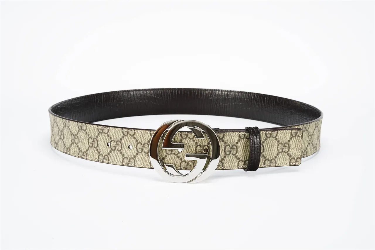 Gucci Beige Black Interlocking G Buckle GG Monogram Canvas Leather Belt 10
