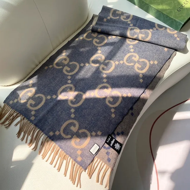Gucci 米色蓝色 编织几何图案 羊绒围巾 6