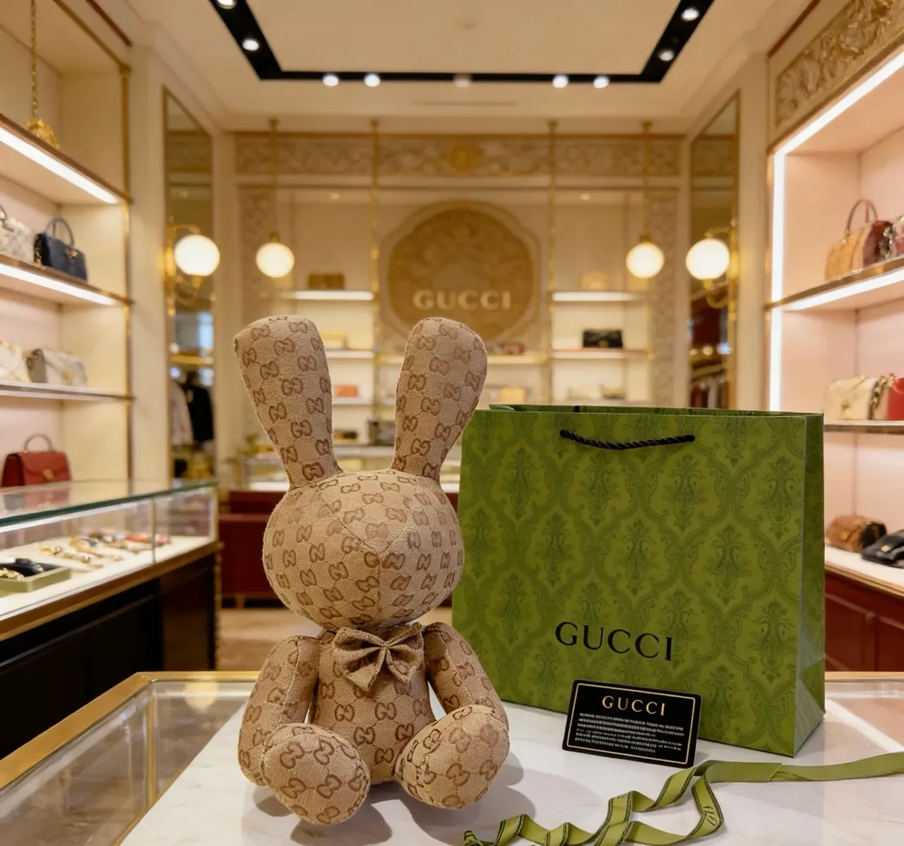Gucci Beige Brown GG Monogram Jacquard Fabric Seated Rabbit Silhouette Handbag 4