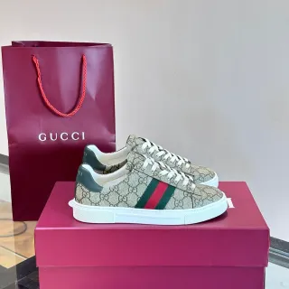Gucci 米色绿色 GG Monogram Canvas Web Stripe Detail 生活方式运动鞋