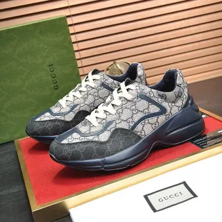 Gucci বেইজ নেভি GG Monogram Canvas Wave Overlays Chunky Sneakers