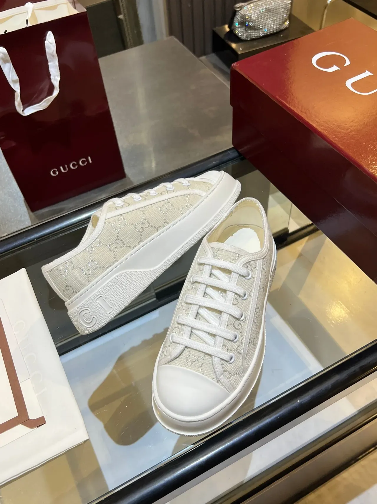 Gucci Beige White GG Monogram Canvas Platform Sole Lifestyle Sneakers 2