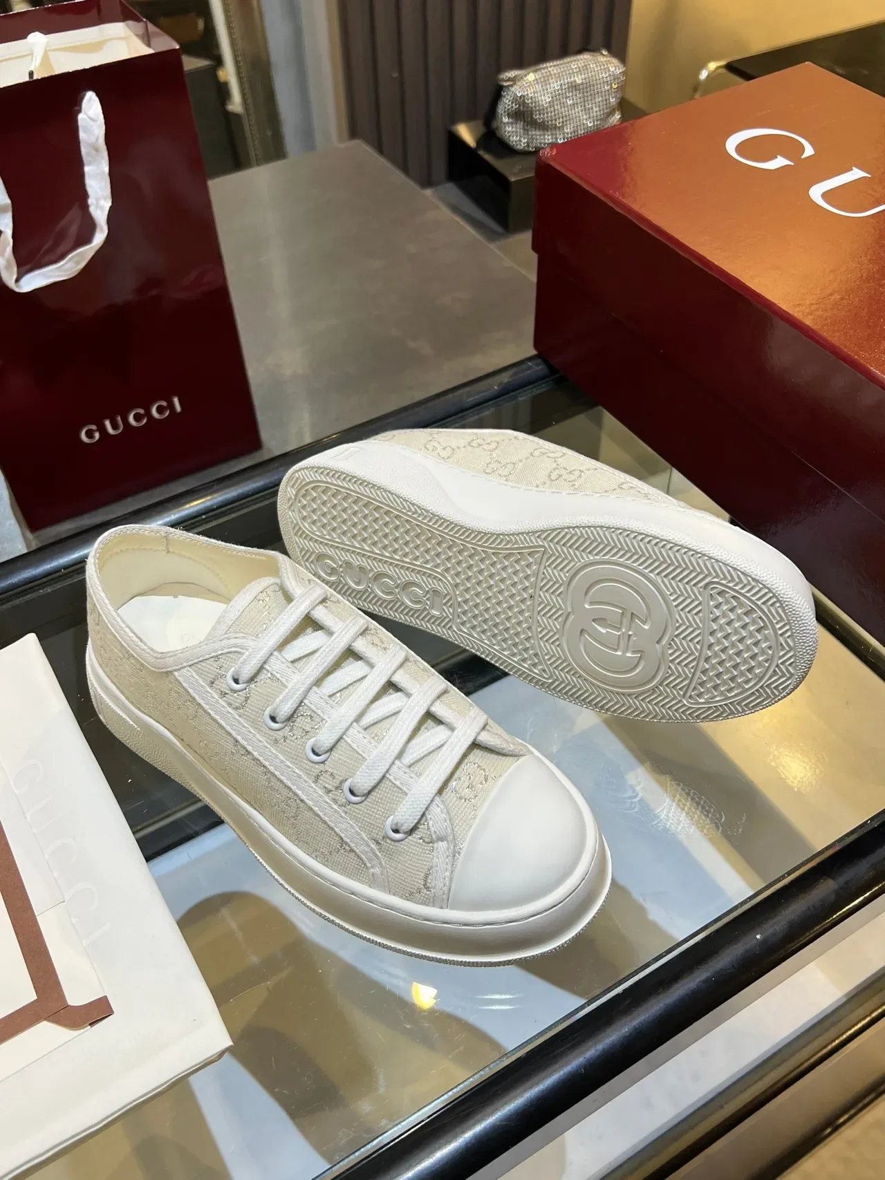 Gucci Beige White GG Monogram Canvas Platform Sole Lifestyle Sneakers 3