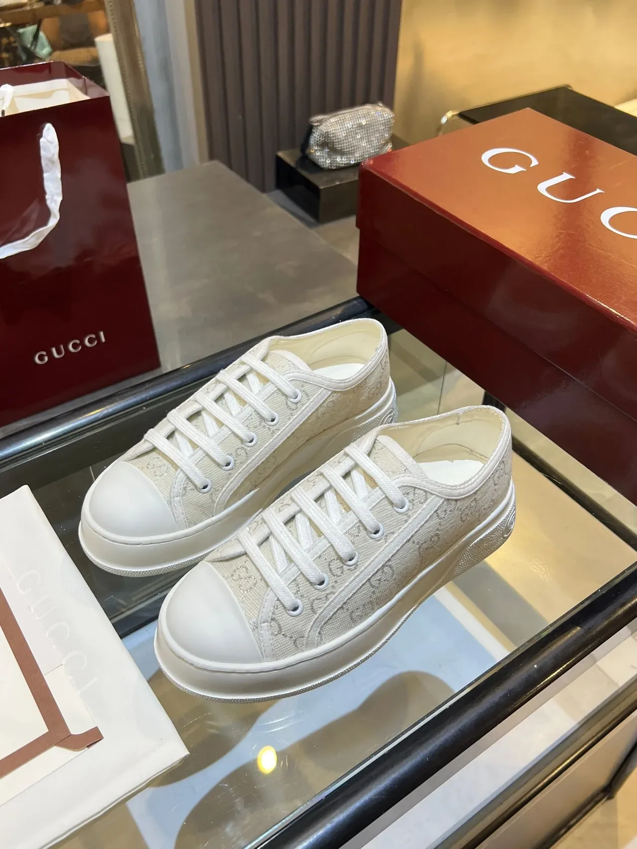 Gucci Beige White GG Monogram Canvas Platform Sole Lifestyle Sneakers 4
