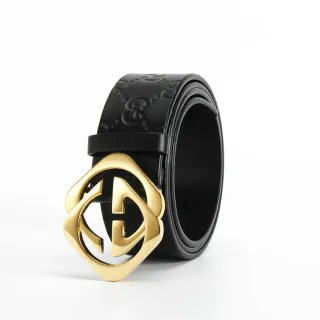Gucci কালো সোনা GG-Embossed চকচকে Interlocking G Buckle চামড়ার বেল্ট