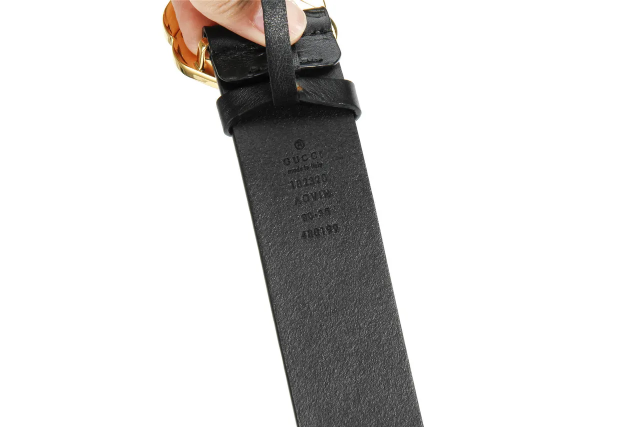 Gucci Black Gold GG-Embossed Polished Interlocking G Buckle Leather Belt 8
