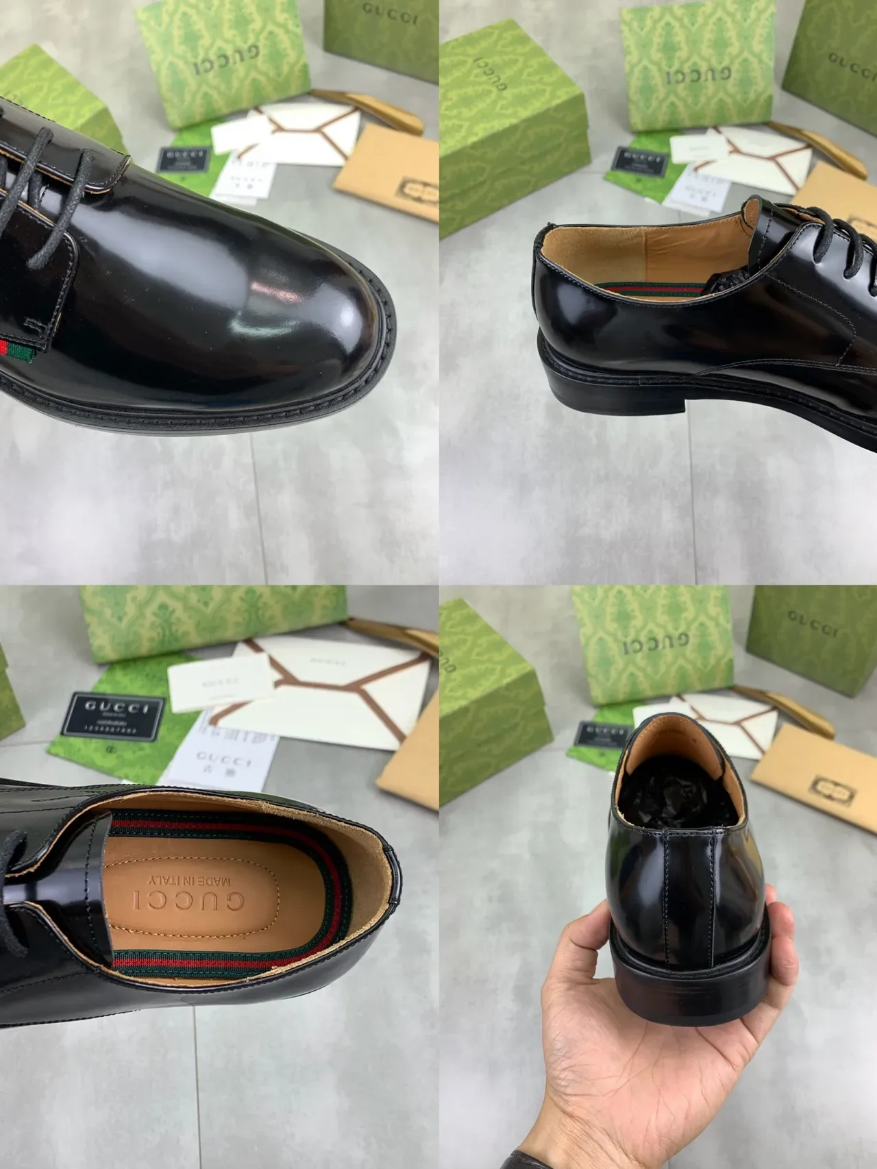 Gucci Zapatos Oxford Negro Verde Cuero Alto Brillo Punta Redonda 2
