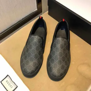 Gucci 黑色红色 GG Monogram 帆布 皮革边饰 乐福鞋