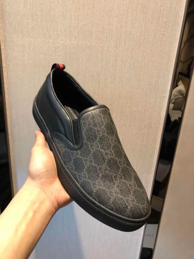 Gucci Black Red GG Monogram Canvas Leather Trim Loafer 7