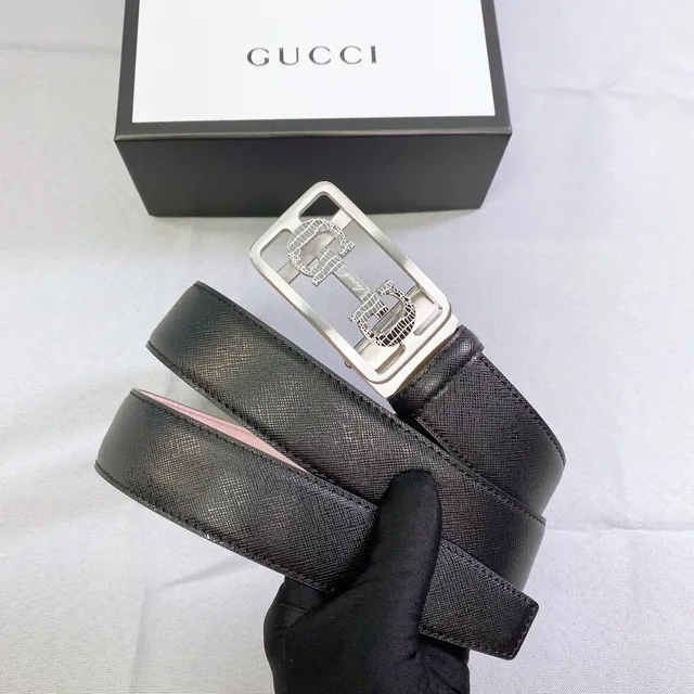 Gucci কালো রূপালি Interlocking Double G Buckle Crocodile-Embossed Detail লেদার বেল্ট 3