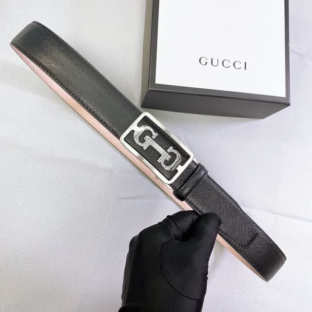 Gucci কালো রূপালি Interlocking Double G Buckle Crocodile-Embossed Detail লেদার বেল্ট 5