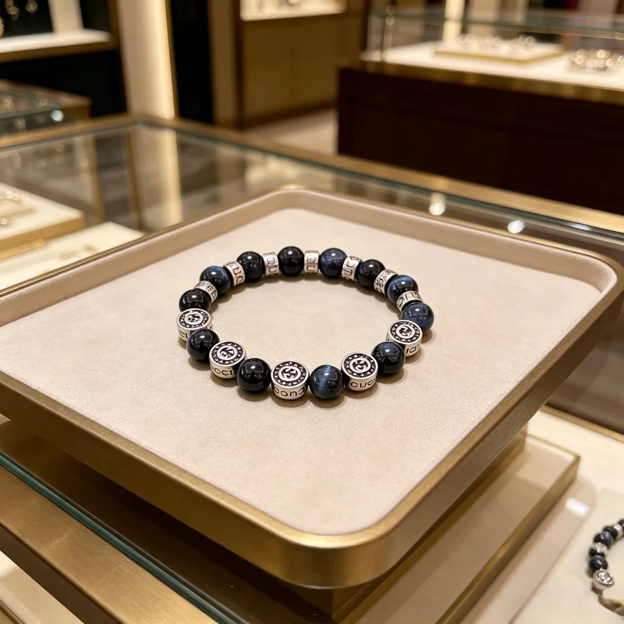 Gucci Blue Silver Beaded Logo-Engraved Bracelet 8