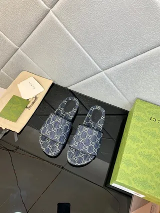 Gucci Blue White GG Monogram Print Denim-Textured Upper Slippers 3