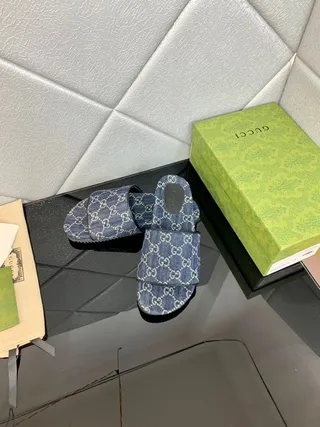 Gucci Blue White GG Monogram Print Denim-Textured Upper Slippers 6