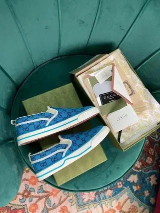 Gucci azul e branco slip-on GG Monogram Canvas Lifestyle Sneakers 8