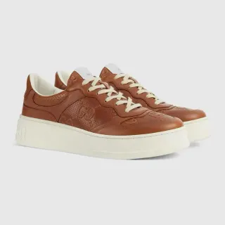 Gucci Marrón Beige Perforado Cuero Grabado Logotipo GG Zapatillas Lifestyle