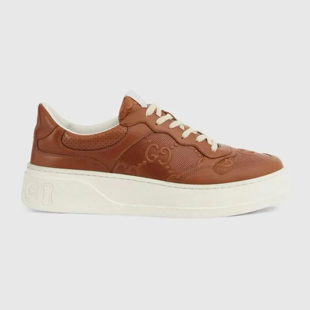 Gucci Marron Beige Cuir Perforé Embossé Logo GG Sneakers Lifestyle 3