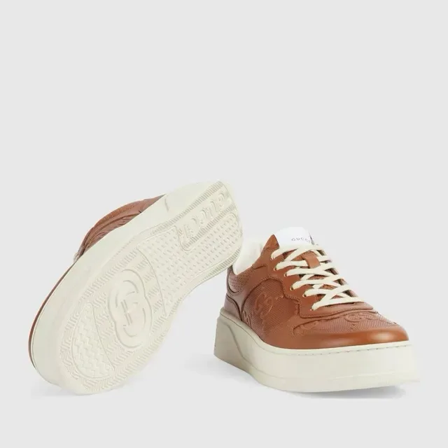 Gucci Marron Beige Cuir Perforé Embossé Logo GG Sneakers Lifestyle 5