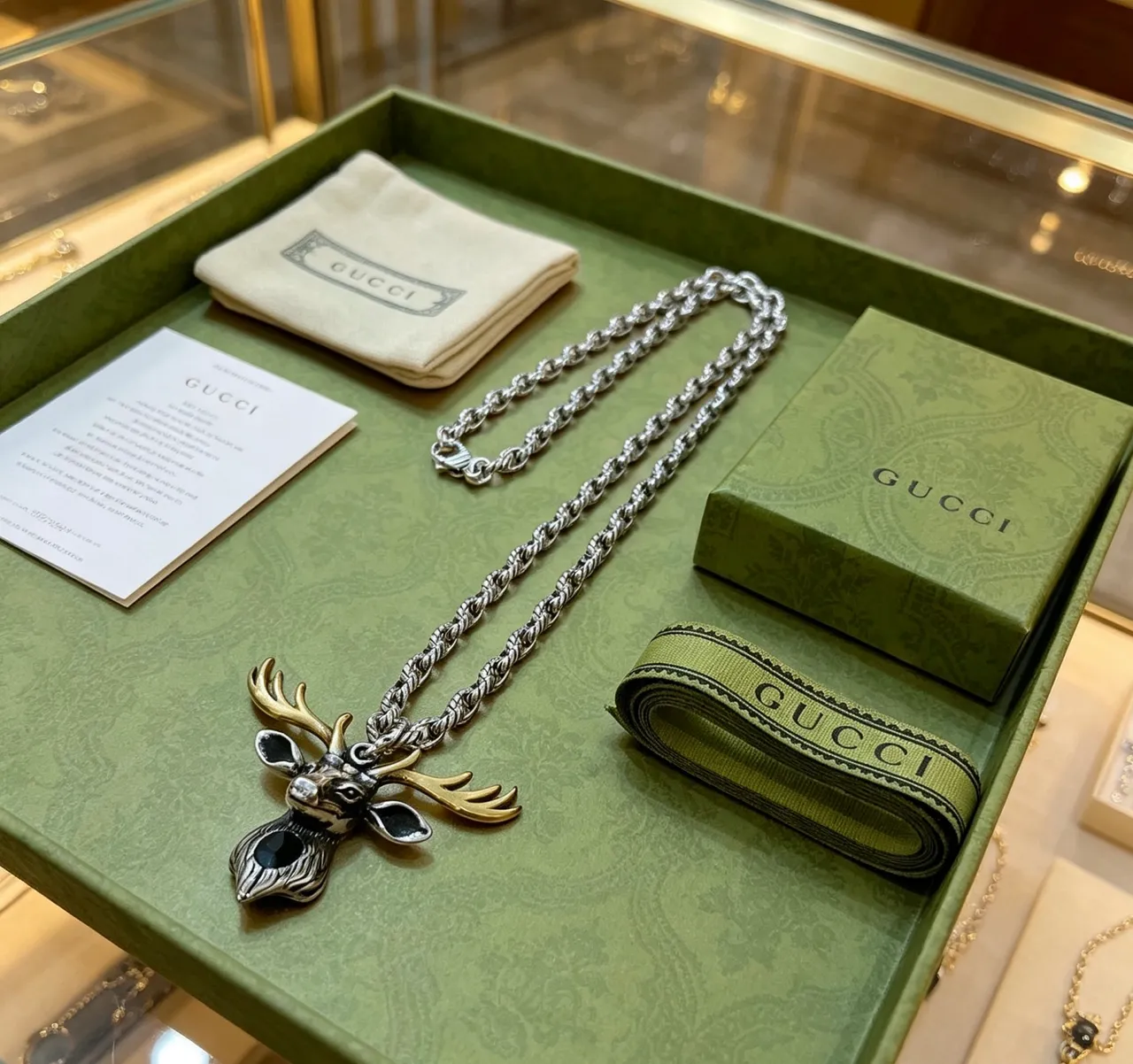 Gucci Deer Head Silver Gold Two-Tone Metal Black Enamel Accents Necklace 2
