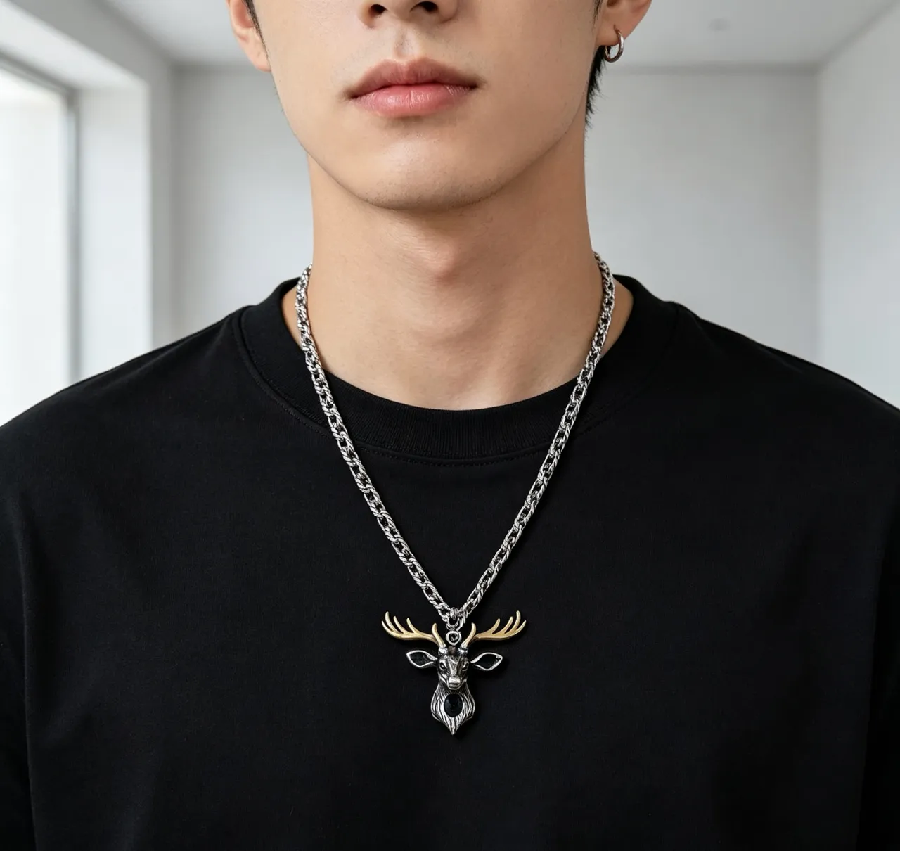 Gucci Deer Head Silver Gold Two-Tone Metal Black Enamel Accents Necklace 3