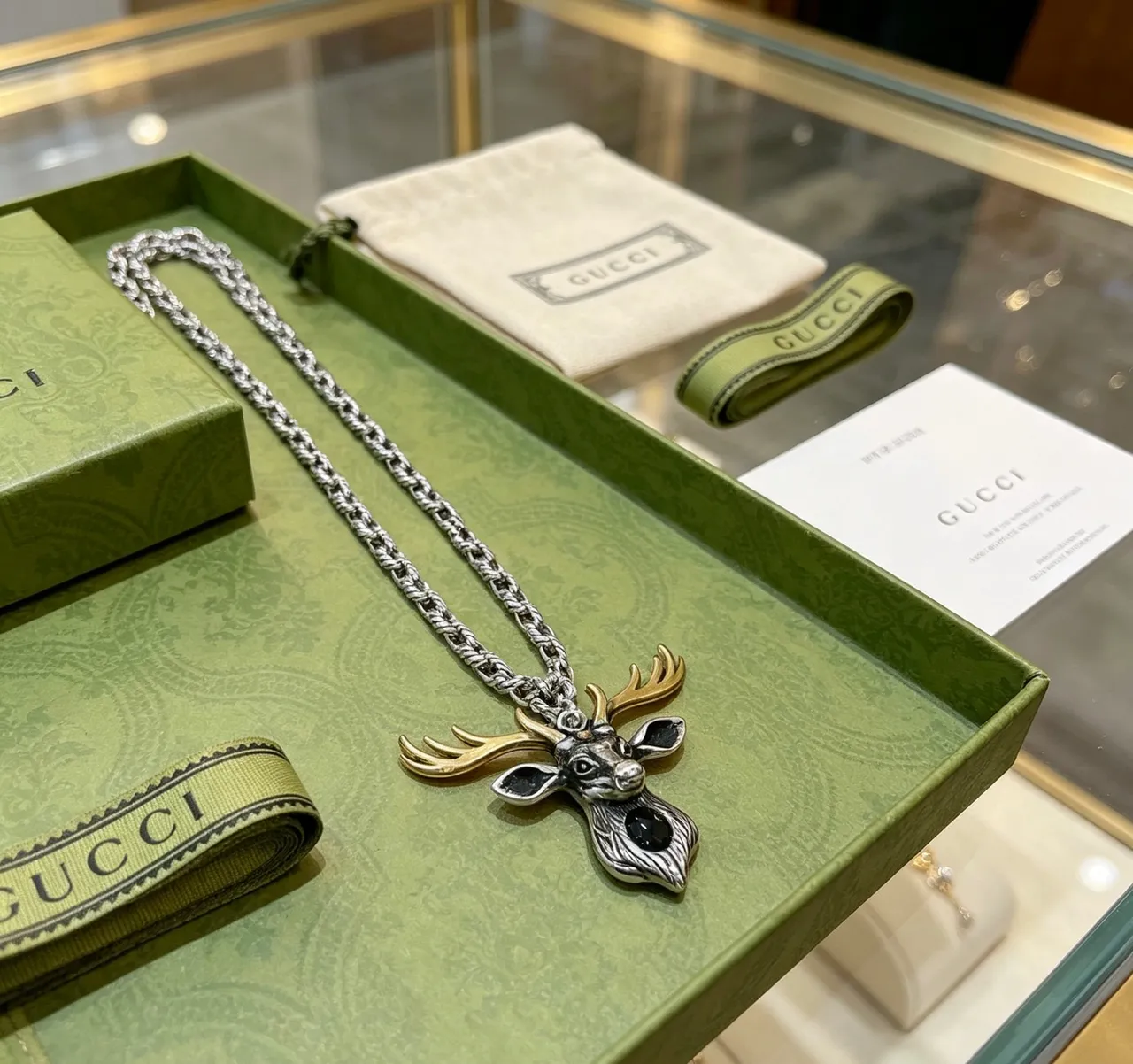 Gucci Deer Head Silver Gold Two-Tone Metal Black Enamel Accents Necklace 4