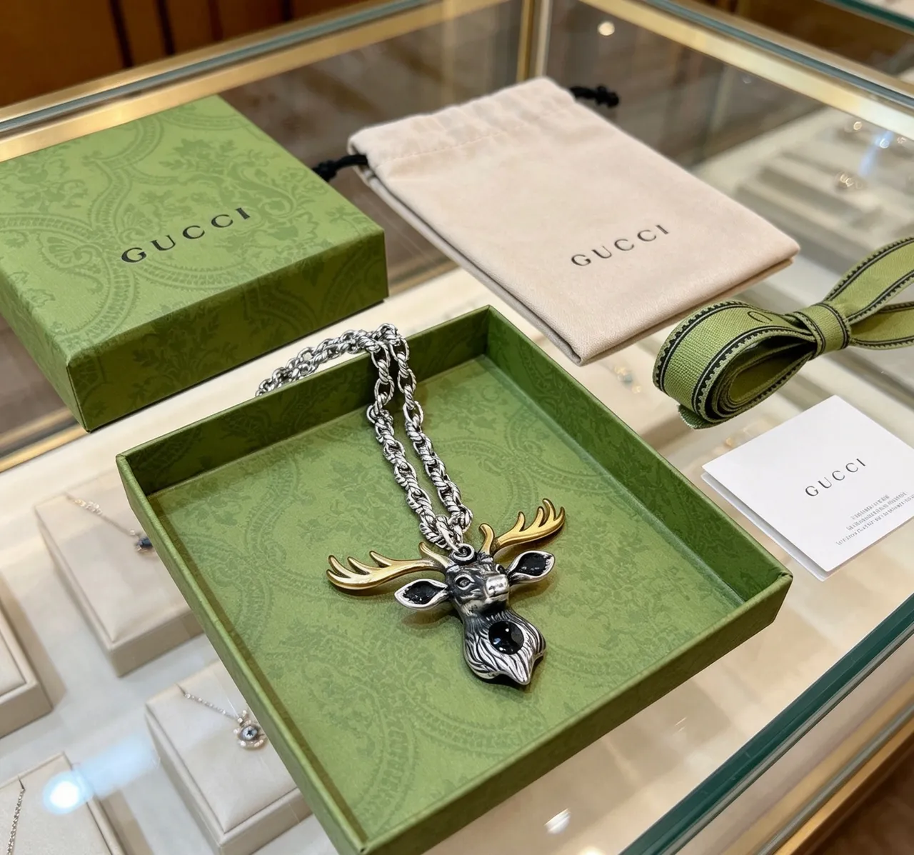 Gucci Deer Head Silver Gold Two-Tone Metal Black Enamel Accents Necklace 6