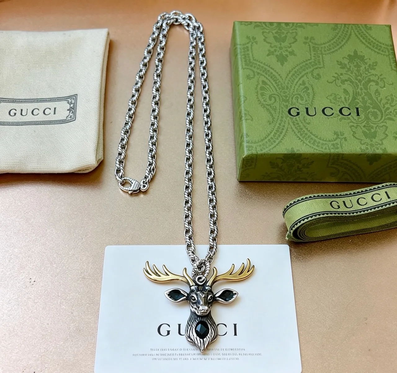 Gucci Deer Head Silver Gold Two-Tone Metal Black Enamel Accents Necklace 7