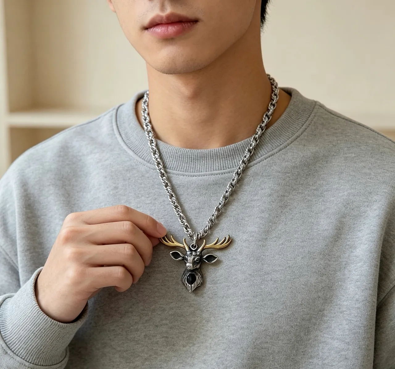 Gucci Deer Head Silver Gold Two-Tone Metal Black Enamel Accents Necklace 8