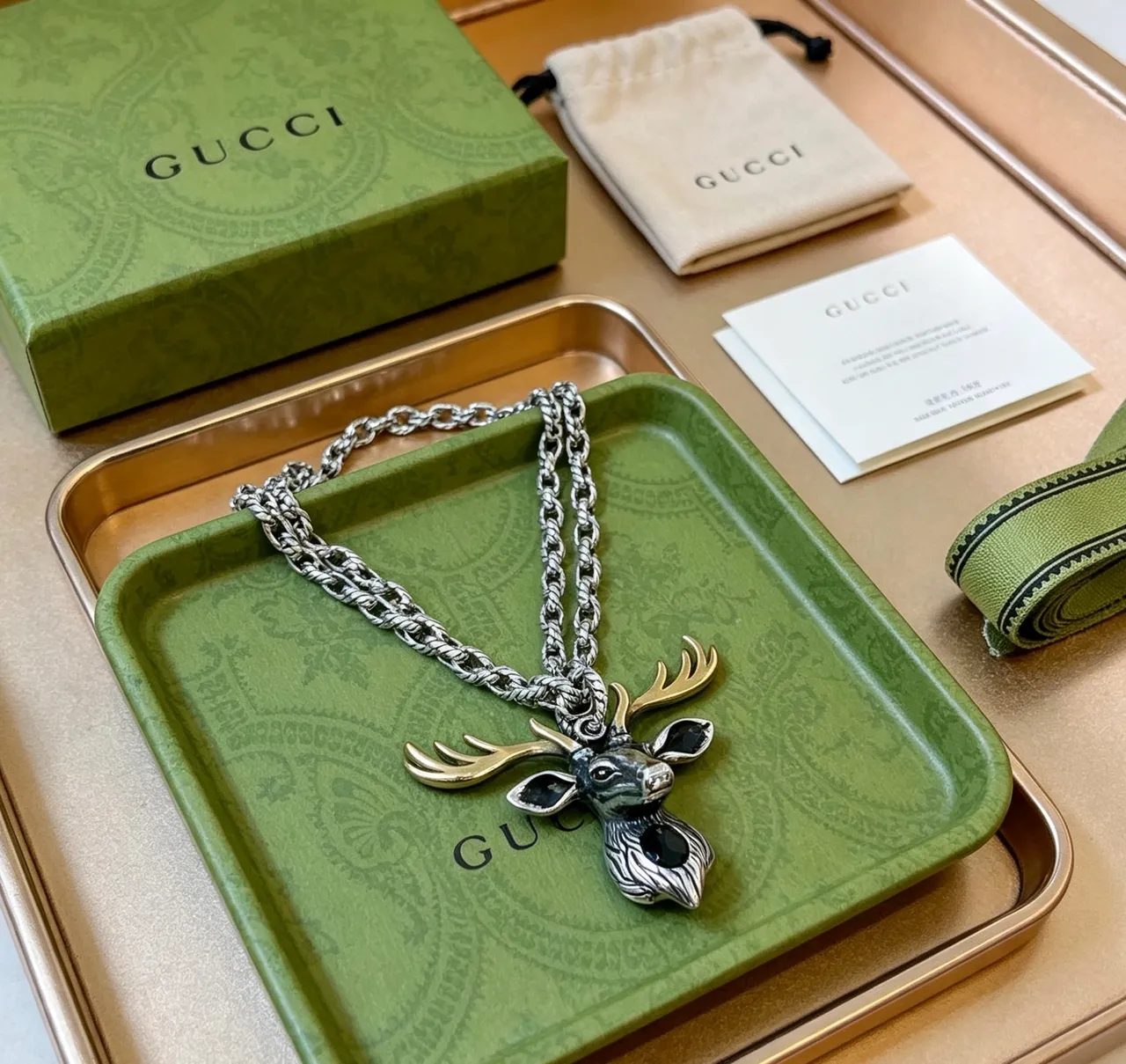 Gucci Deer Head Silver Gold Two-Tone Metal Black Enamel Accents Necklace 9