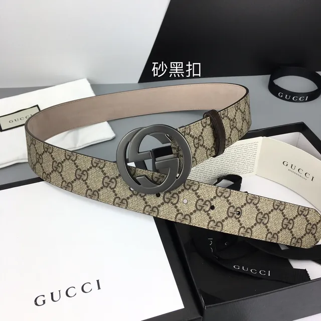 Cinturón Gucci Double G Beige Marrón GG Monograma Lona Hebilla Interlocking Cinturón de Cuero 2