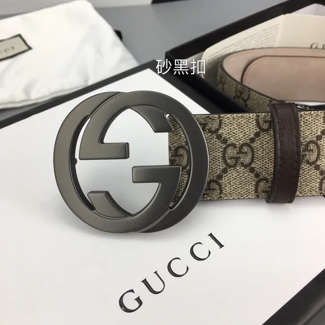 Cinturón Gucci Double G Beige Marrón GG Monograma Lona Hebilla Interlocking Cinturón de Cuero 3