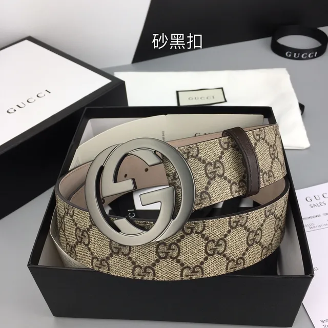 Cinturón Gucci Double G Beige Marrón GG Monograma Lona Hebilla Interlocking Cinturón de Cuero 5