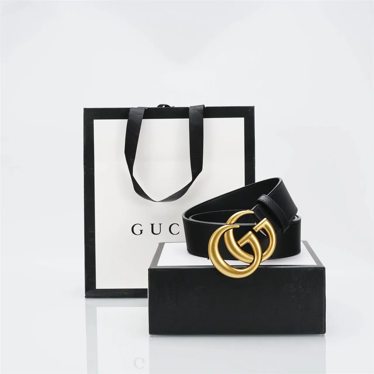 Ceinture Gucci Double G Cuir Noir Boucle Doré-Ajuste Ceinture Cuir 9