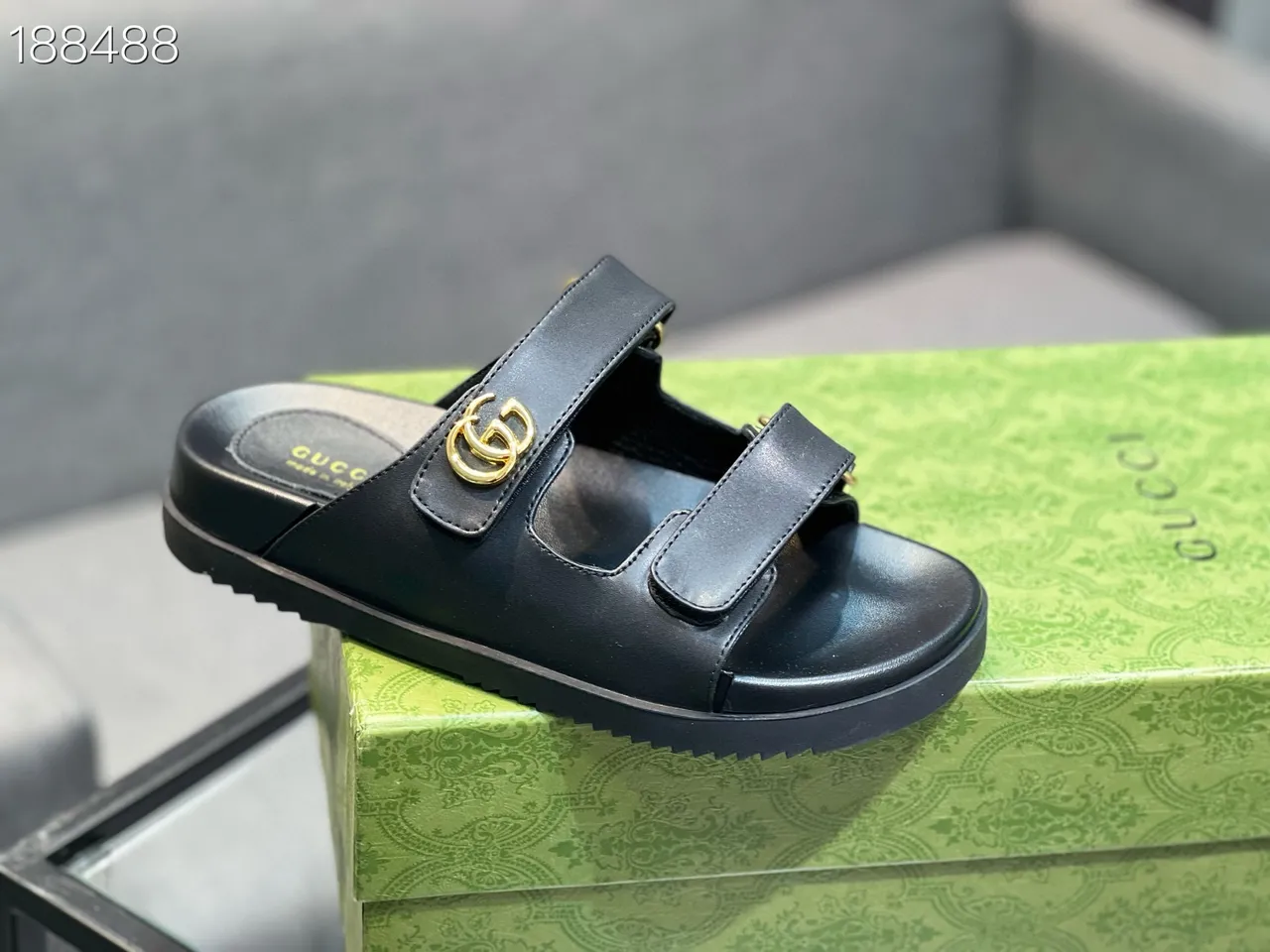 Gucci Sandalias de doble correa slide negro dorado hebilla G interlocking casual 5