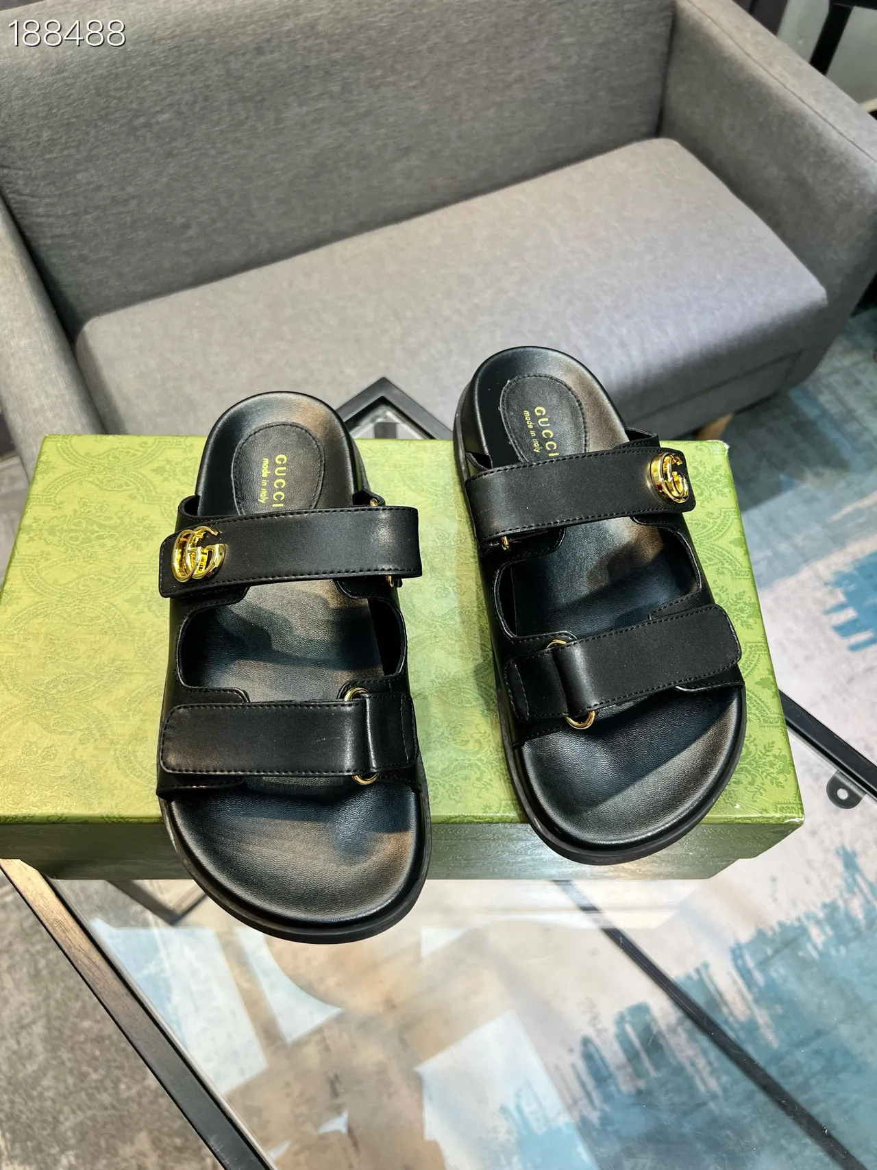Gucci Sandalias de doble correa slide negro dorado hebilla G interlocking casual 8