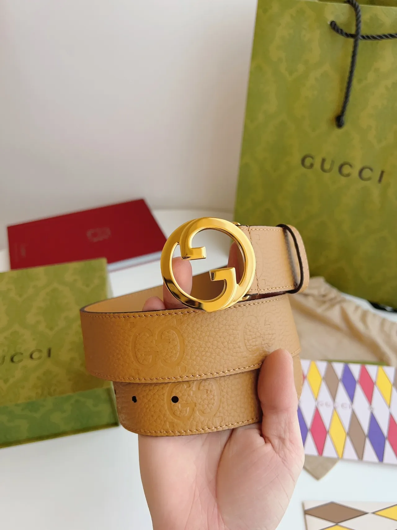 Gucci GG Marmont Beige Gold Interlocking G Buckle Pebbled Leather Belt 4