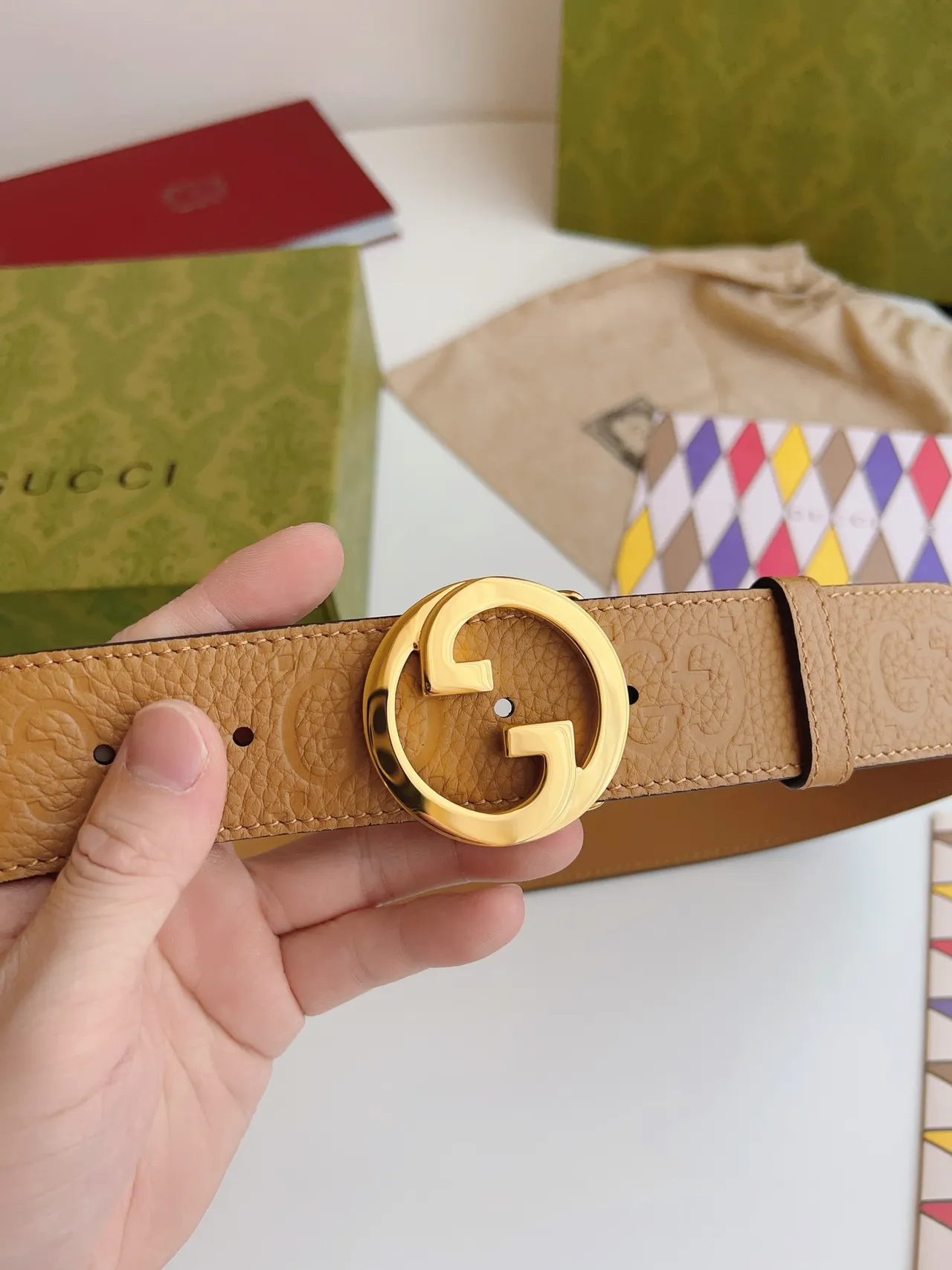 Gucci GG Marmont Beige Gold Interlocking G Buckle Pebbled Leather Belt 5