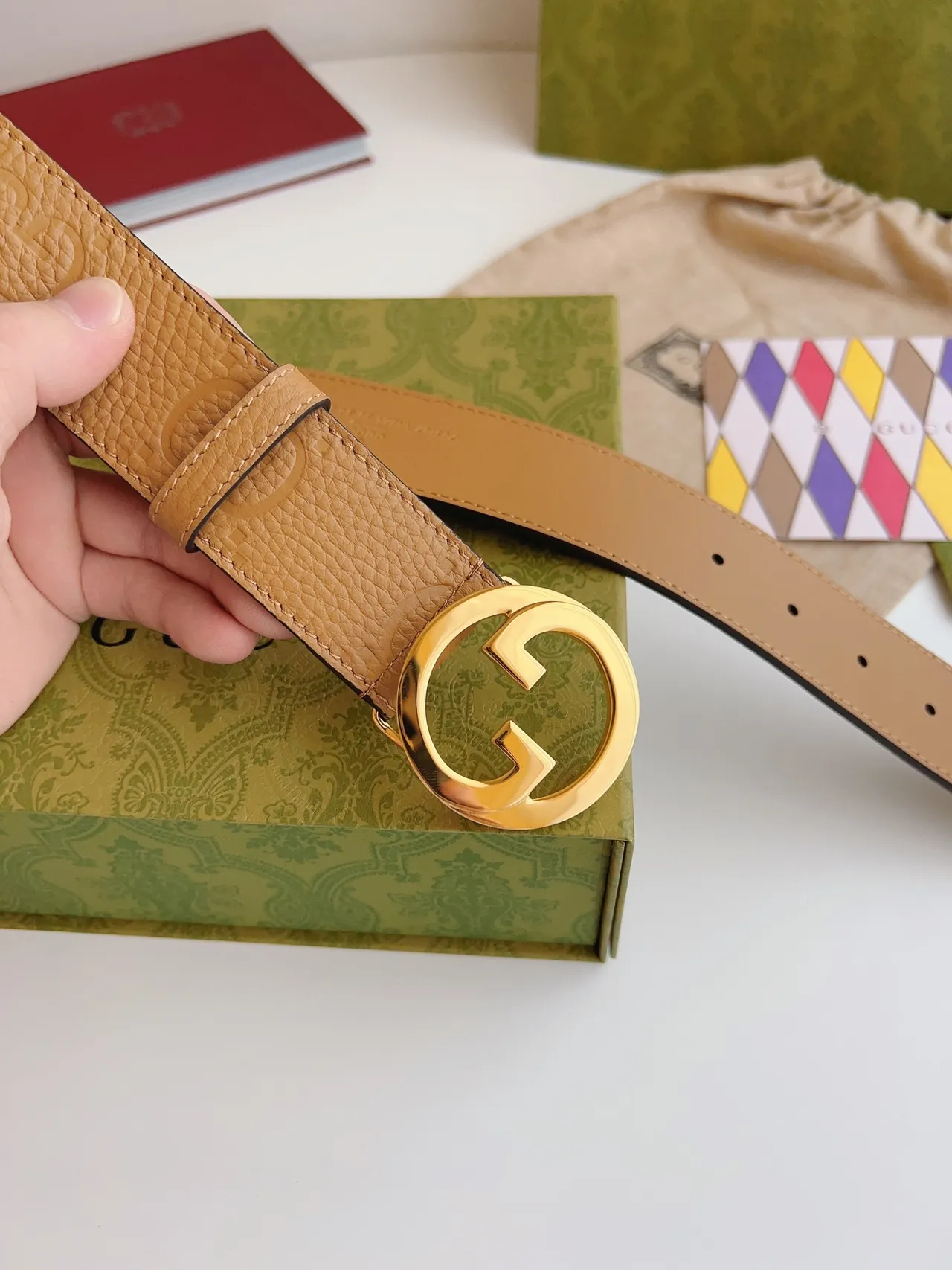 Gucci GG Marmont Beige Gold Interlocking G Buckle Pebbled Leather Belt 6